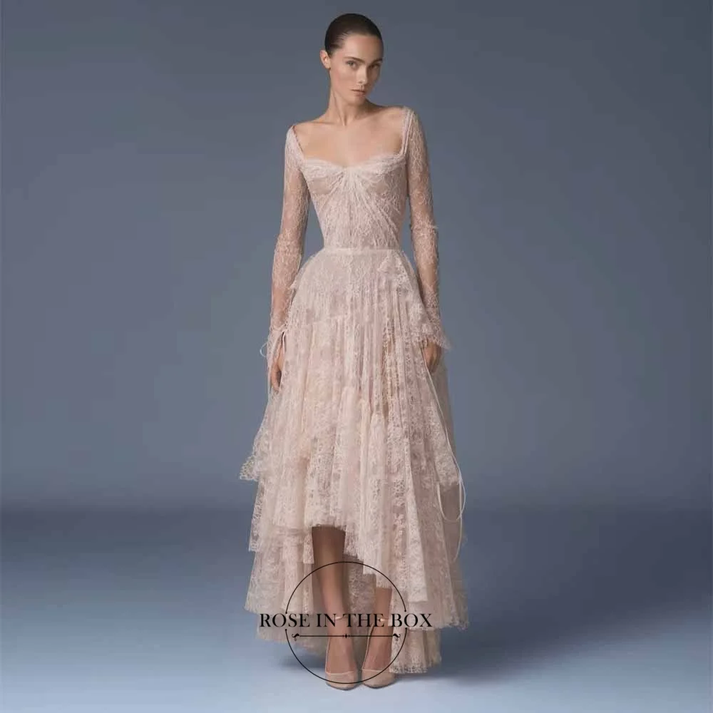 ROSEINBOX Elegant Lace Wedding Dresses Square Neck A-line Asymmetrical Hem High-low Long Sleeve Sexy Evening Gowns Customized
