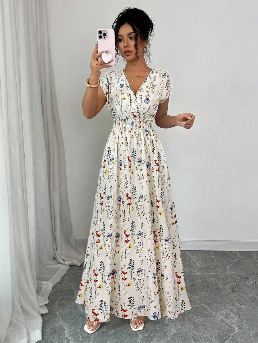 Women's Ditsy Floral V-Neck Sleeveless Waisted Maxi Dress image 5