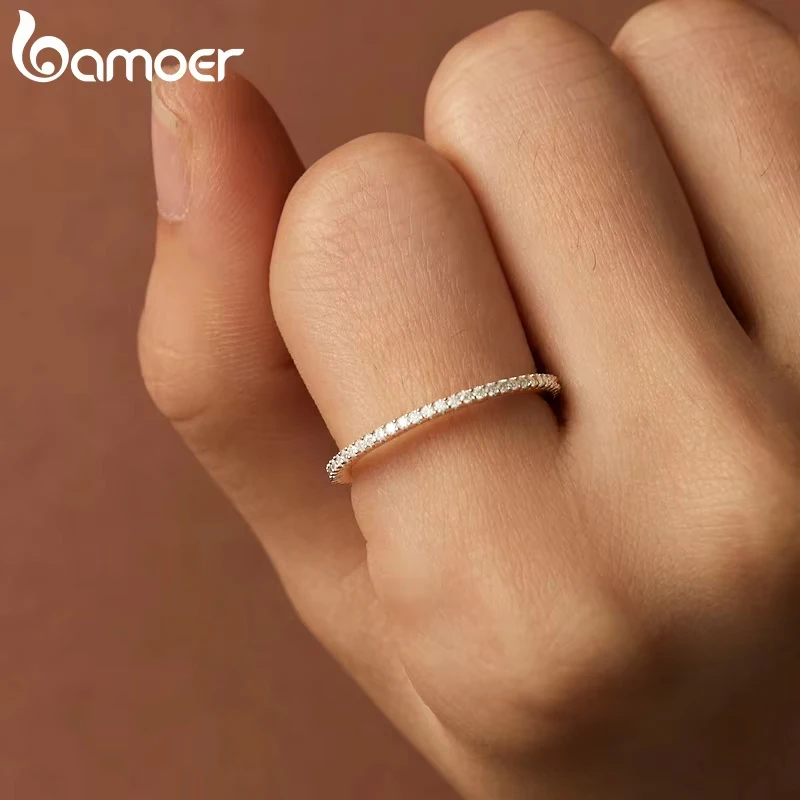 BAMOER Simple Moissanite Eternity Bands Minimalist Stackable Ring 925 Sterling Silver for Women Engagement Fine Jewelry Gift