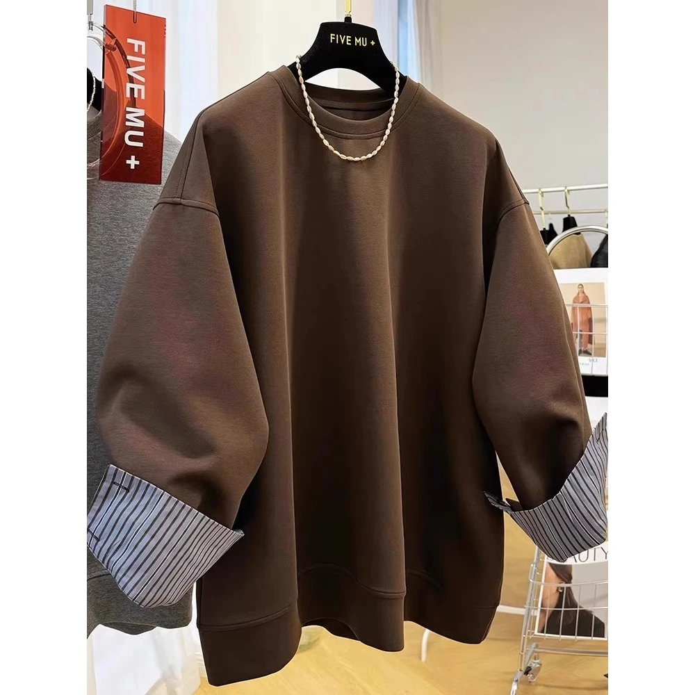 

Korean Sle Men's Sweatirt Large Size 300 Pou Cuff Splicing irt Fake Two-Piece Autumn Winter Vintage Lazy Sle Top