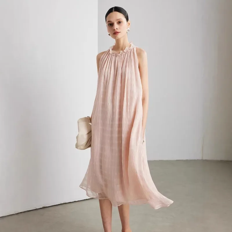 

2026 Skirt Neck 100% Mulberry Silk Long Dress New French Sleeveless Dress Women
