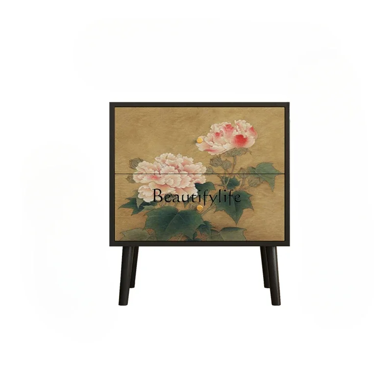 

FG40Chinese retro peony bedroom solid wood bedside living room sofa side storage cabinet