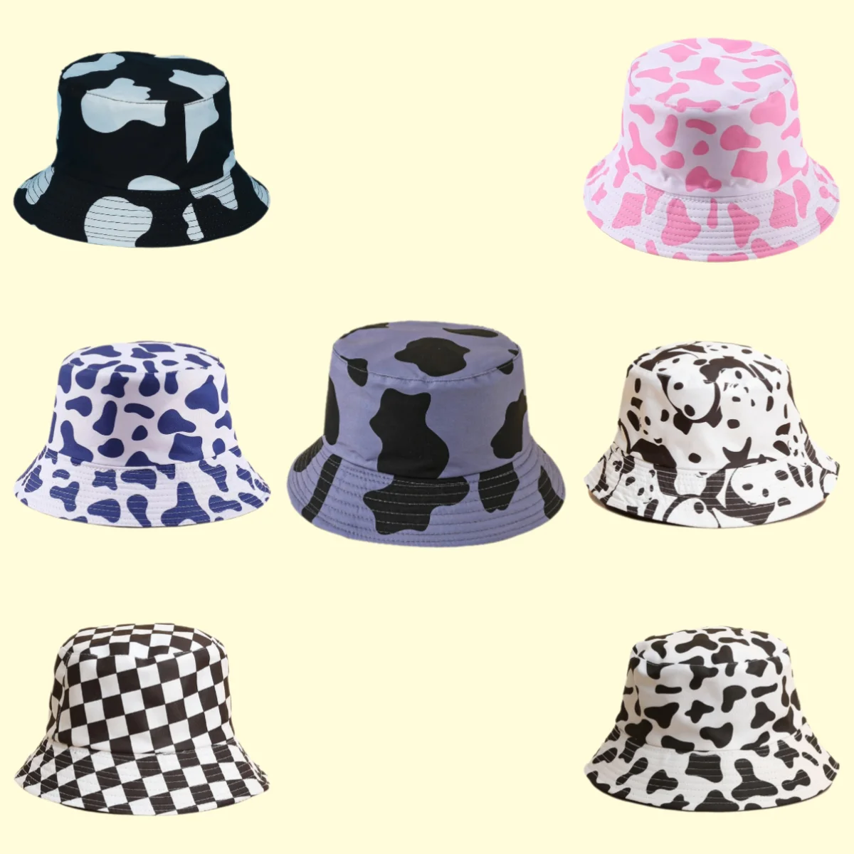 

Panda Pattern Bucket Hat Cow Chessboard Pattern Fashion Trend Double-sided Sun Hat Spring Women's Flat Top Leisure Basin Hat