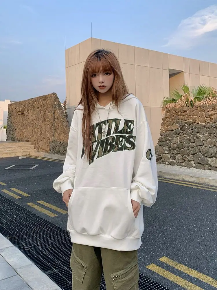 Letter Printing Female Clothes Text Tops Hooded Loose Baggy Long Pullovers Hoodies Sweatshirts for Women 90s Vintage Warm 2000s