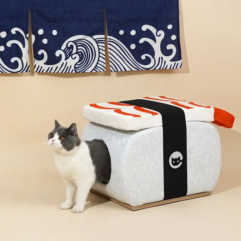 -Geschlossener, winterwarmer Katzennest-Sushi-Hocker im zeitgenössischen Stil – geteiltes Haustierhaus im Schlafzimmer
