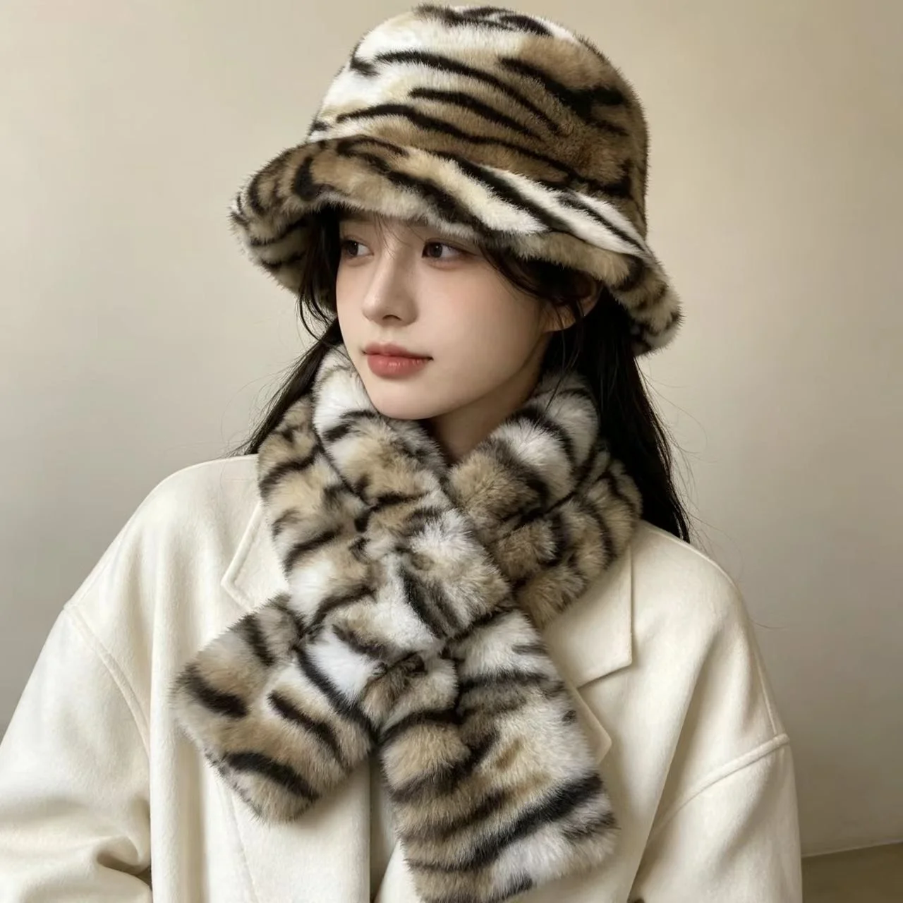 Subculture Tiger‑Stripe 2‑Piece Set Bucket Hat & Cross‑Insert Scarf  Fluffy Windproof Winter Neck‑Head Warmer Daily Coat Match