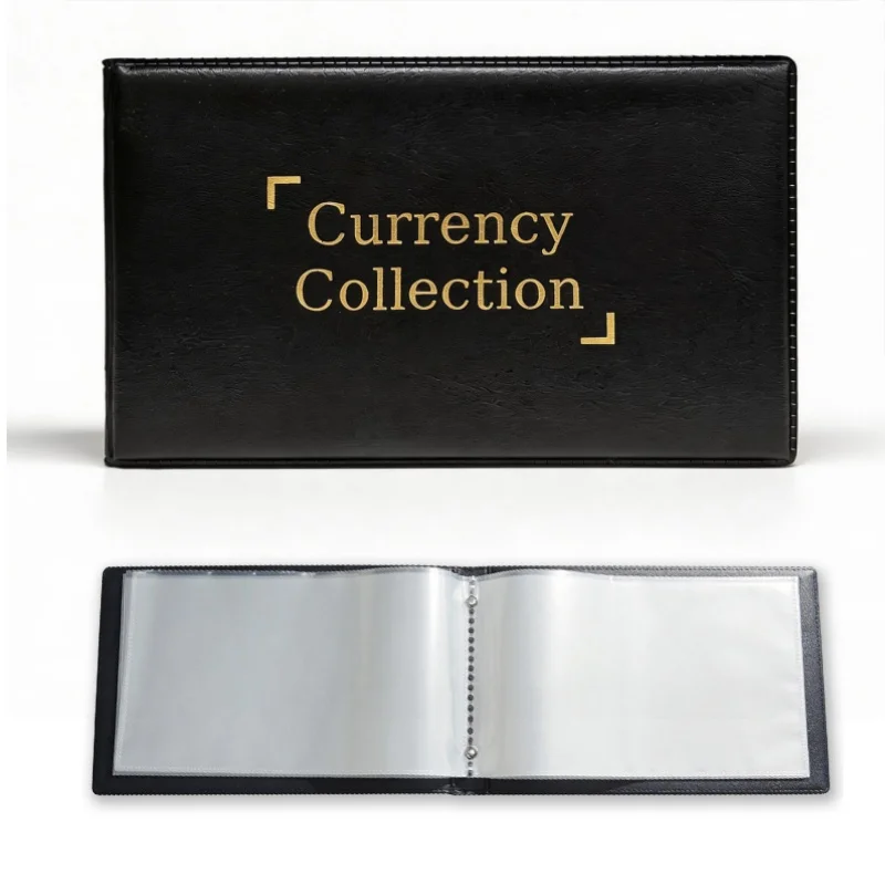80 Pockets Banknote Currency Collecting Album 40 Sheets Clear Dollar Bill Holders World Money PU Leather Hard Cover Storage