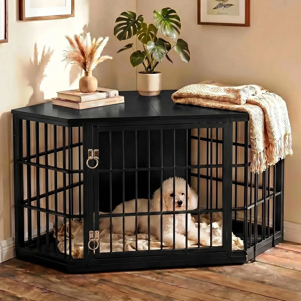 52 Inch Dog Crate Furniture Corner for Large Dogs Black