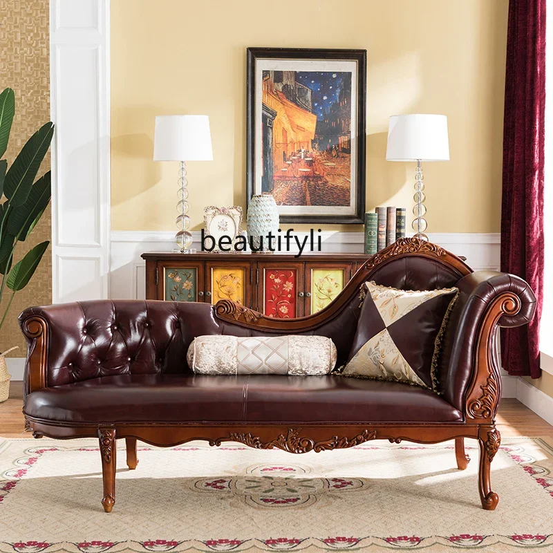 

ss1001 American first-layer real cowhide chaise longue solid wood bedroom single sofa living room small apartment beauty tatami