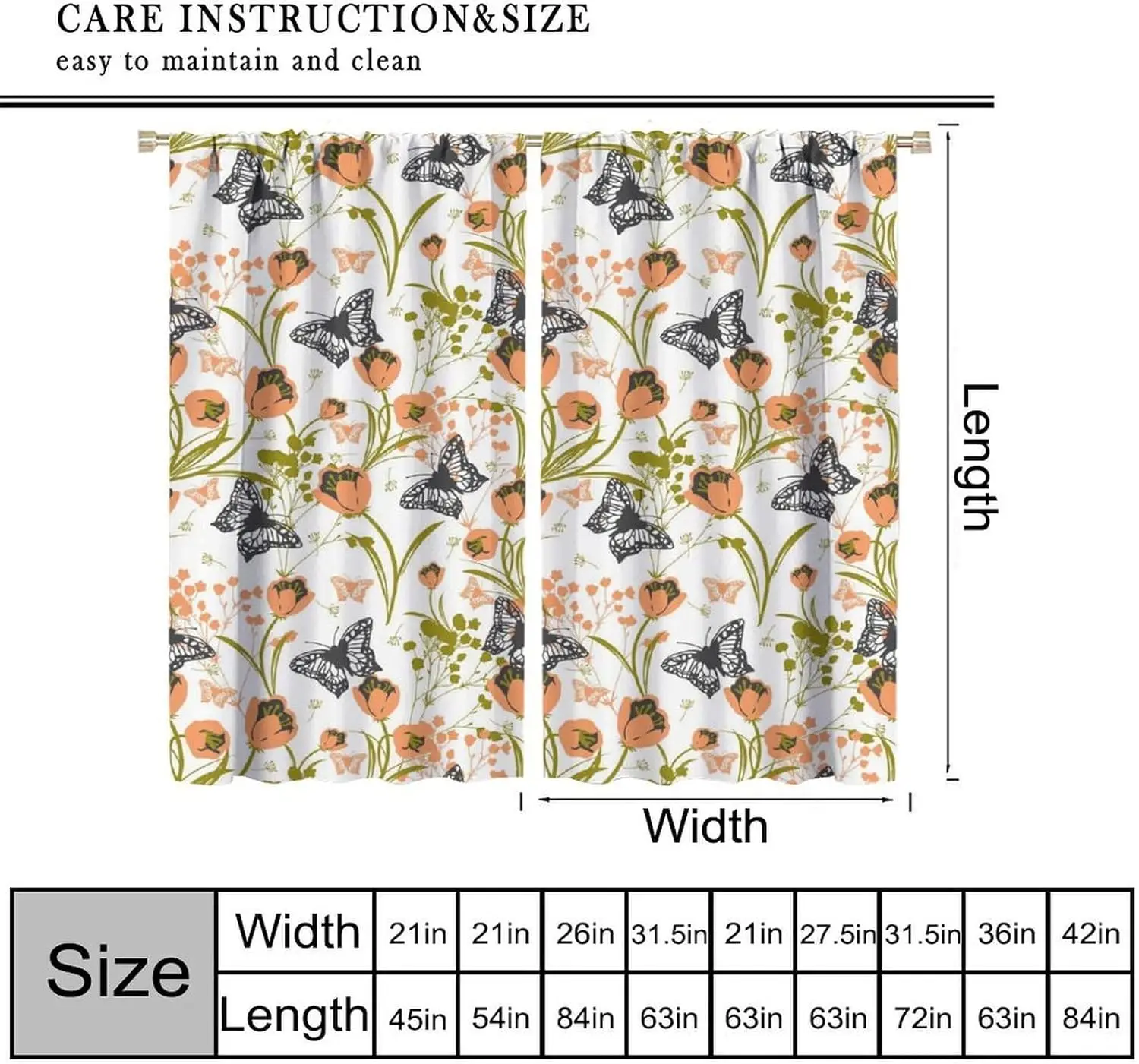 Spring Flowers Butterfly Curtains,Tulip Floral and Butterflies Pattern Watercolor Style Rod Pocket Window Drapes for Living Room