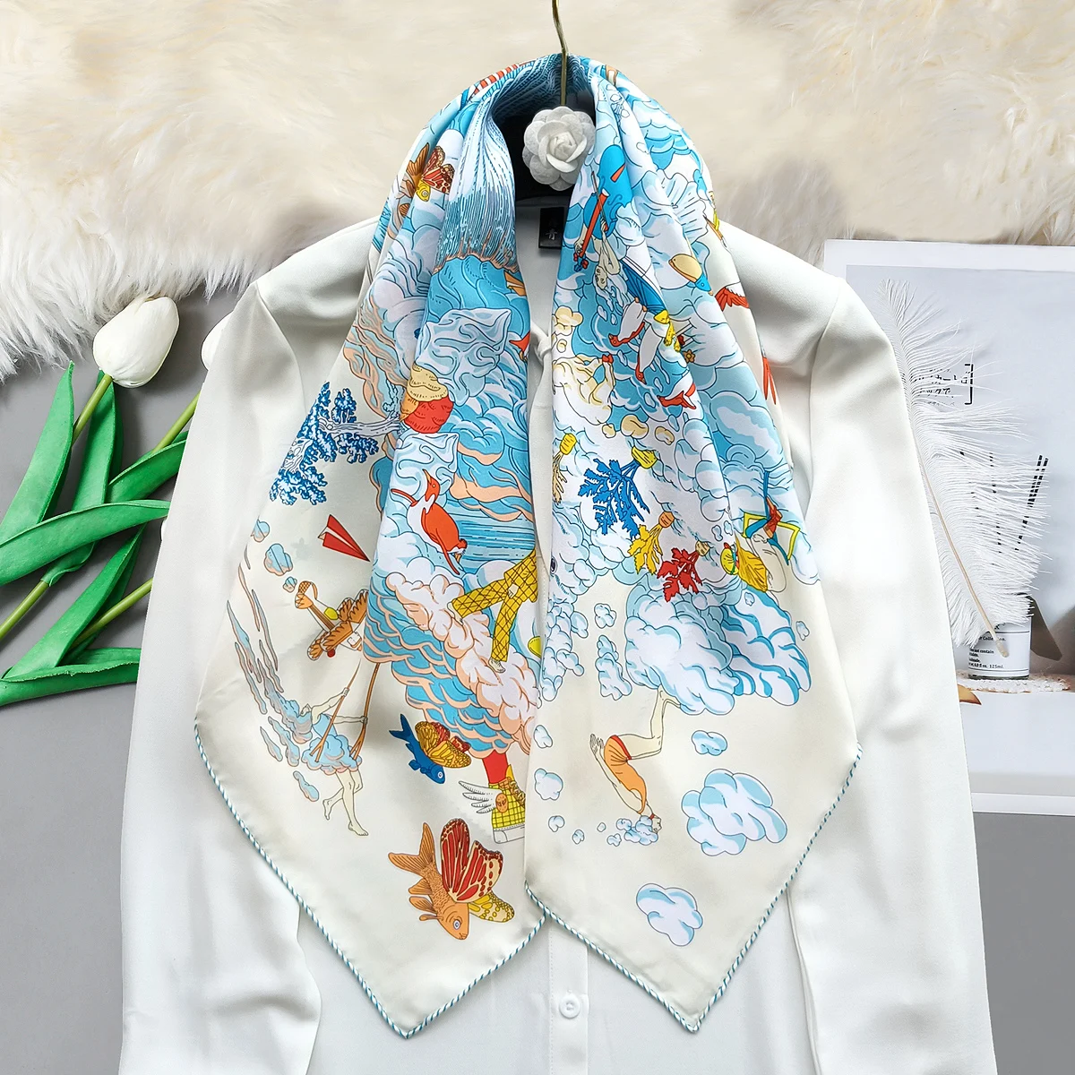 Pure Mulberry Silk Scarf Luxury Designer Square Shawls Hand-Rolled Edges Bandanas Tops Accessories Head Hair Bag Decorations