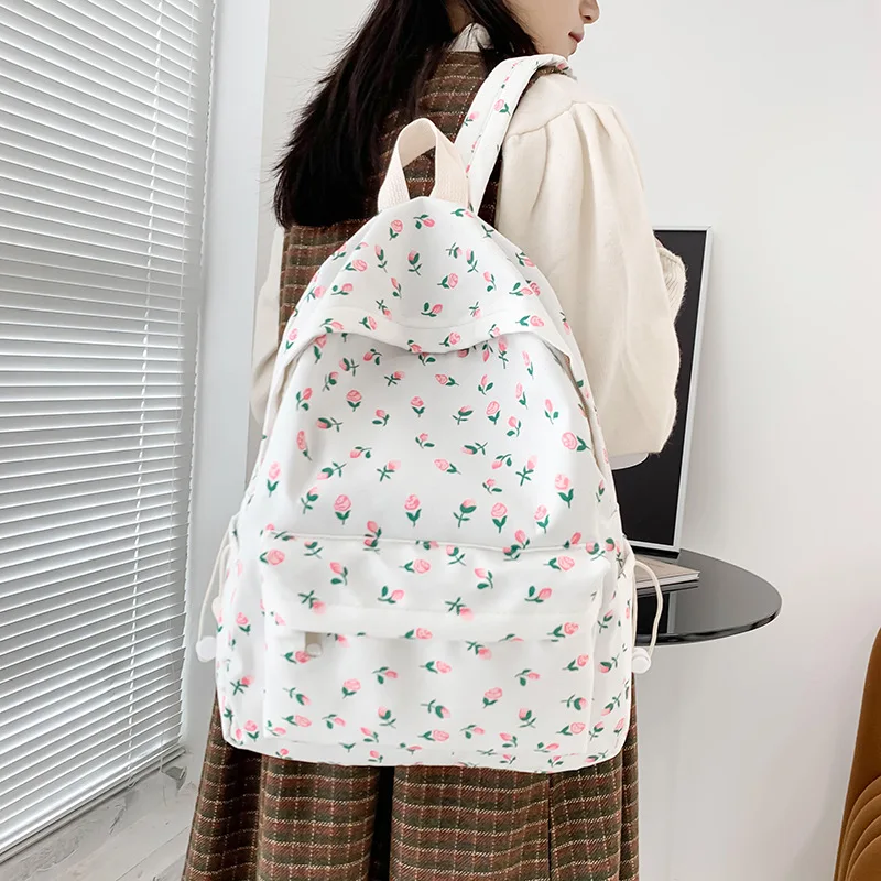 Women's Floral Print Backpack, Canvas Casual Daypack with Pink Tulip Pattern, Drawstring School Bag for Students