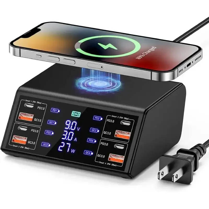 

100W 8 Ports USB Charger Station With Wireless Charging Digital Display Screen QC3.0 PD3.0 Quick Charge For iPhone 15 14 Xiaomi