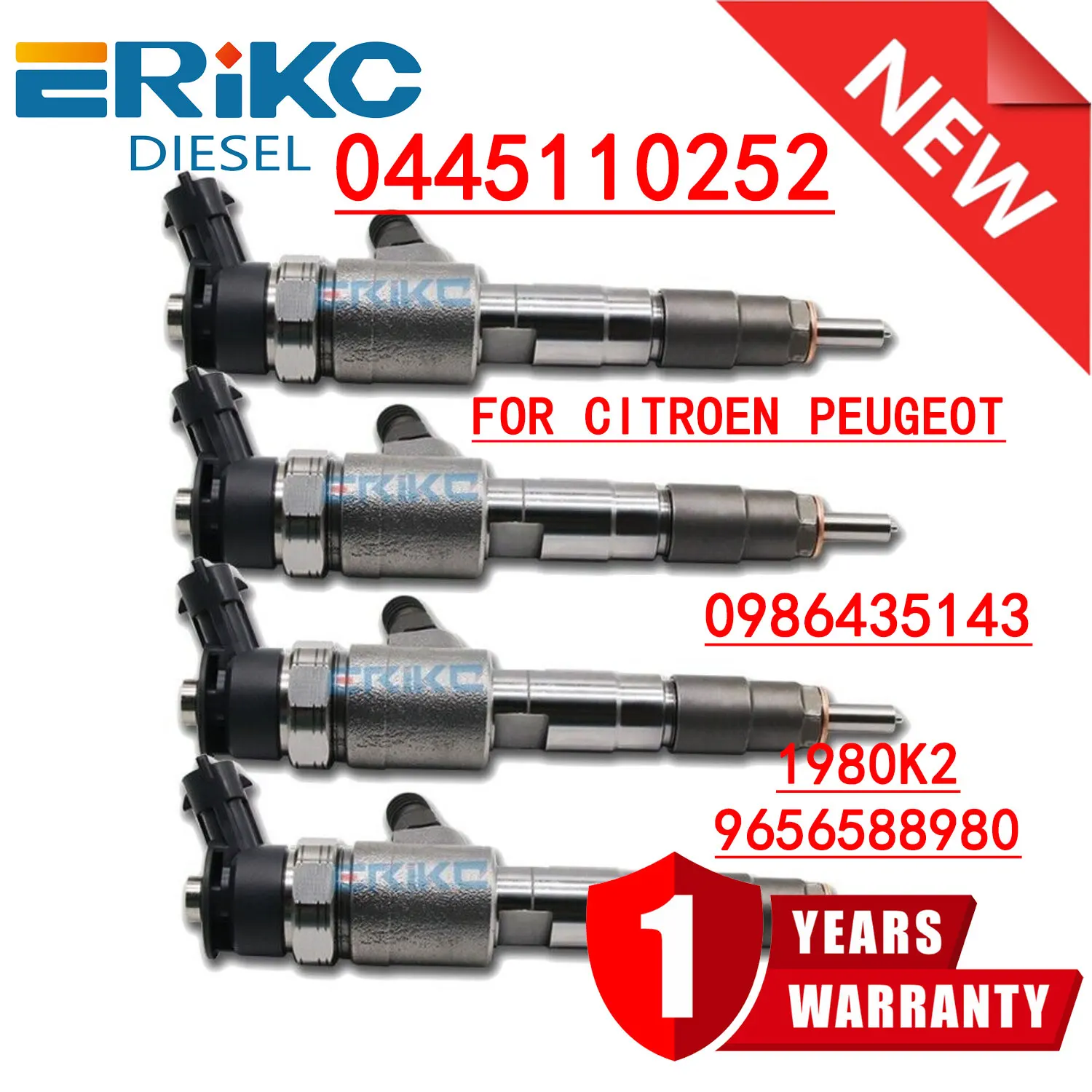 4PC 0445110252 1980K2 9656588980 Diesel Fuel Injector 0 445 110 252 For Citroen C2 C3 Peugeot 206/207 0986435143, 0445 110 252