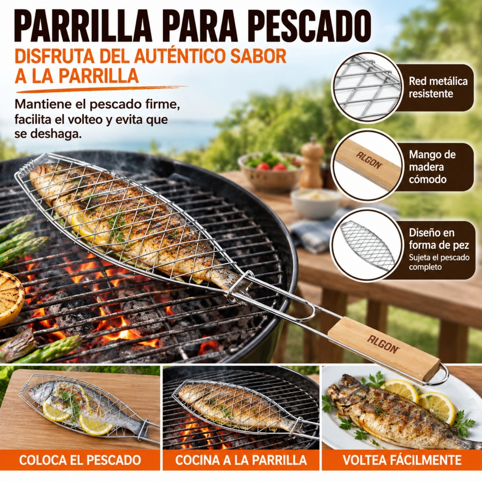 Parrilla para Pescado Entero Algon, Rejilla de Metal Cromado con Mango de Madera Aislante, Cesta de Barbacoa para Asar de Forma Sencilla, Accesorio para Barbacoas, 40x15x2cm