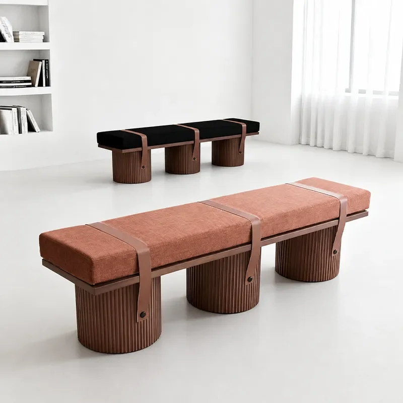 Medieval Style Solid Wood Bench Bedroom Bedside Stool Shoe Change Stool Wabi Sabi Soft Upholstered Bench Living Room Fabric