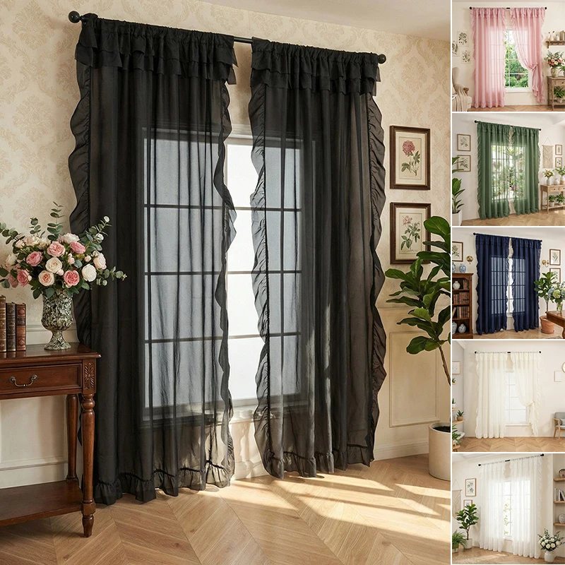 

Ruffled Sheer Curtains Semi Blackout Polyester Through Pole Window Screen Curtains for Living Room Bedroom Cortinas Habitación