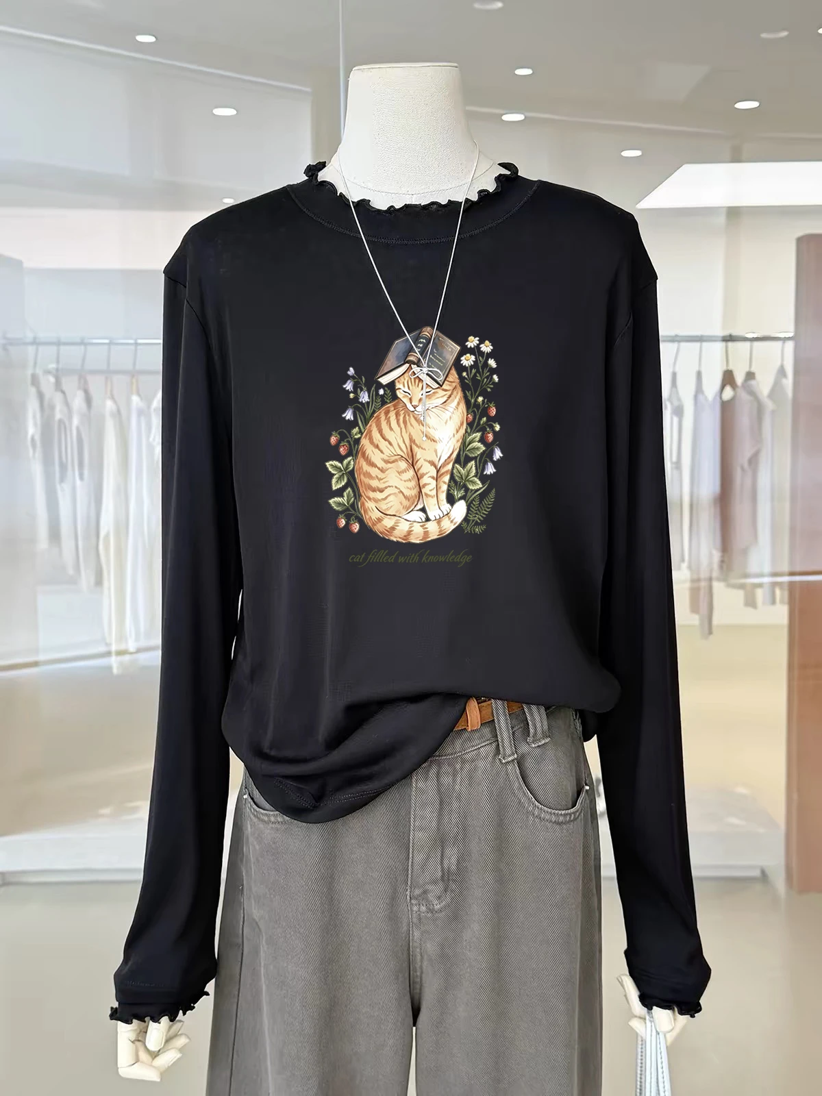 Korean Style Long Sleeve T-Shirt Women's Comfortable Skin-friendly Base Layer Shirt Trendy Wood Grain  Print Autumn Winte...
