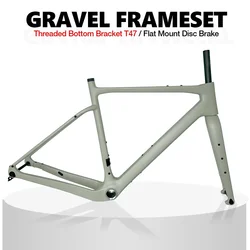 New T1000 Carbon Gravel Frame 700C*45C Threaded Bottom Bracket T47 Flat Disc Brake Gravel Bicycle Frameset Cyclocross Bike