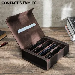 CONTACT'S FAMILY Genuine Leather 4 Slots Sunglass Storage Box Handmade Retro Travel Portablel Glass Case with Magnetic Buckle
