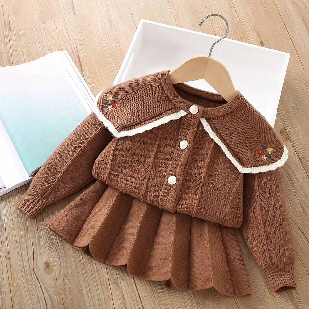 

Girls Knitted Clothes Sets Spring Autumn 2024 Children Woolen Jersey Sweaters Coats Skirts 2pcs Dress Suit For Baby Outfits Kids