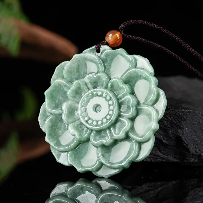 Green Natural A Goods Jade Lotus Pendant Handcarved High Grade Jewelry Energy Necklace Eliminating Fatigue Pray for Peace Gift