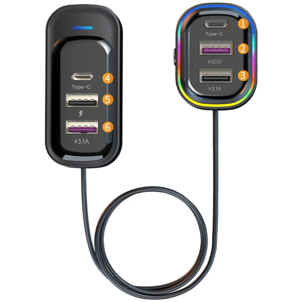 

66W Dual USB C Car Charger with 1.5m Extension Cord for Back Seat Charging Smartphones Tablets USB Powered Devices