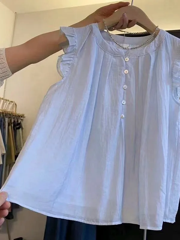 

Нежно-голубая женская блузка с рукавами-воланами, летняя новинка, дизайнерский шифоновый топ премиум-класса во французском стиле, прямого кроя