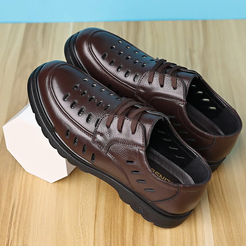 Cowhide Top Leather Shoes for Men 2023 Spring Summer Autumn 2023 Men's Sandals Leather Hollowed Out Breathable Dad Shoes Male