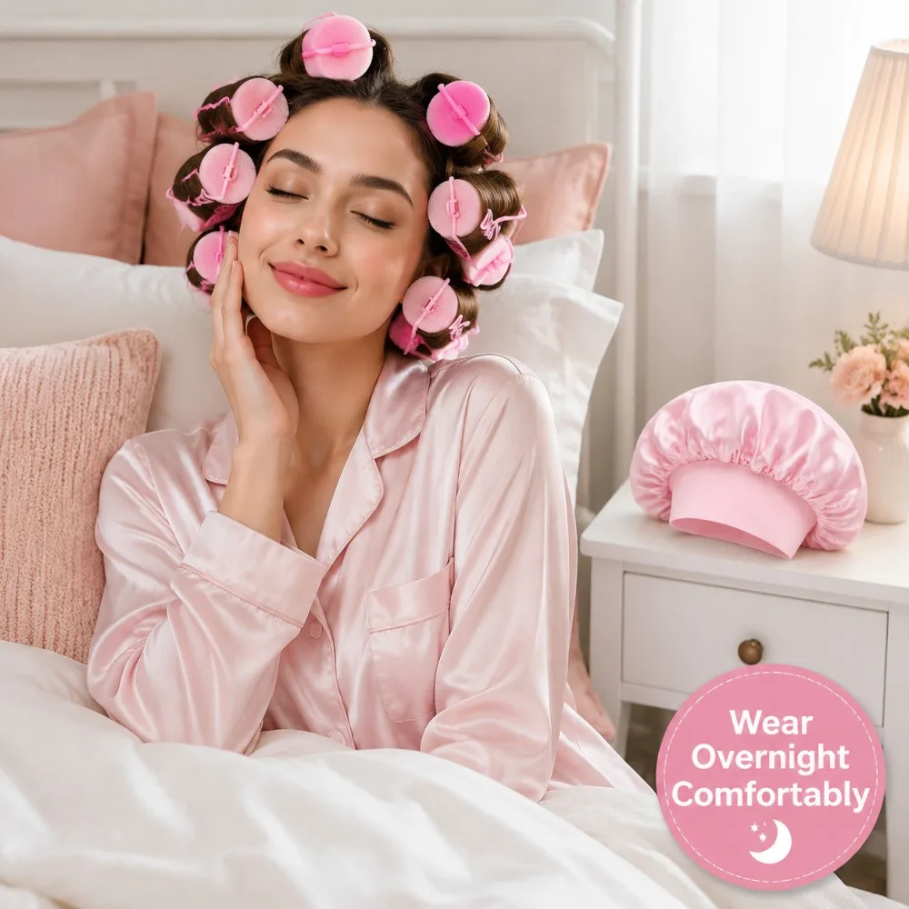 11/10Pcs Heatless Overnight Curls Set 10pcs Soft Rollers With Satin Bonnet No Damage Hair Curlers For Women Sleep Styling Gift