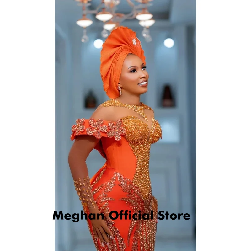 Orange Delicate Beaded Applique Evening Dresses For Women Aso Ebi Long Mermaid Prom Gowns Wedding Party Dress Luxury Customized