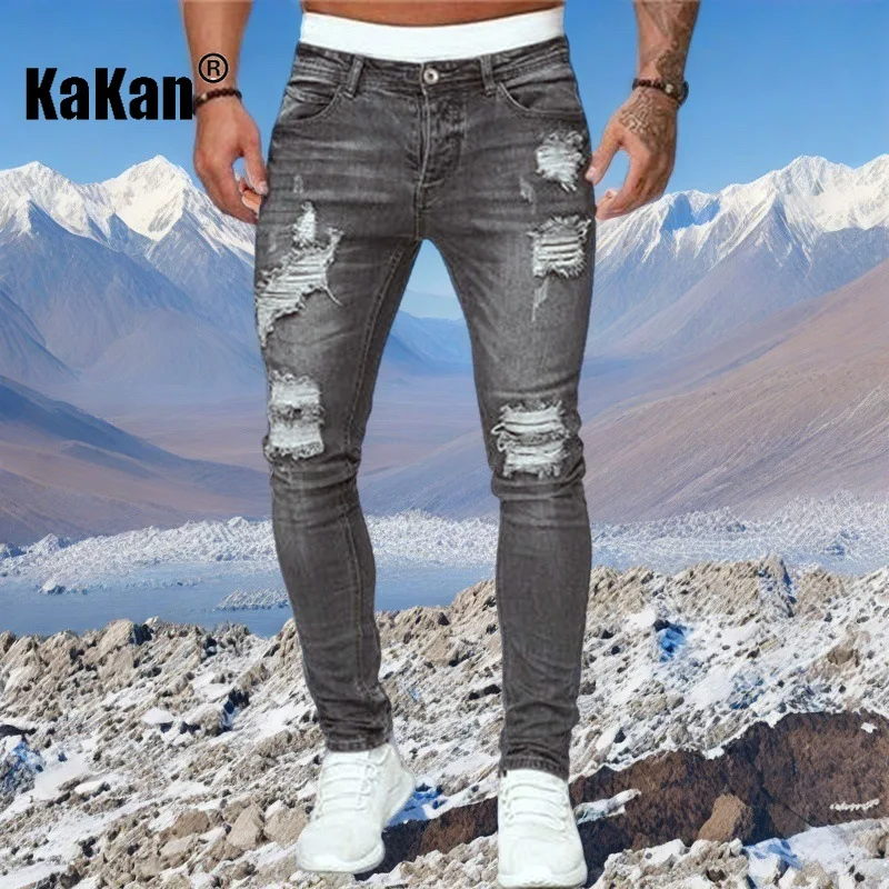 Kakan - New Men's Small Leg Pants with Perforated Jeans, Y2k Clothes Slimming Long Jeans Jeans Man Brand