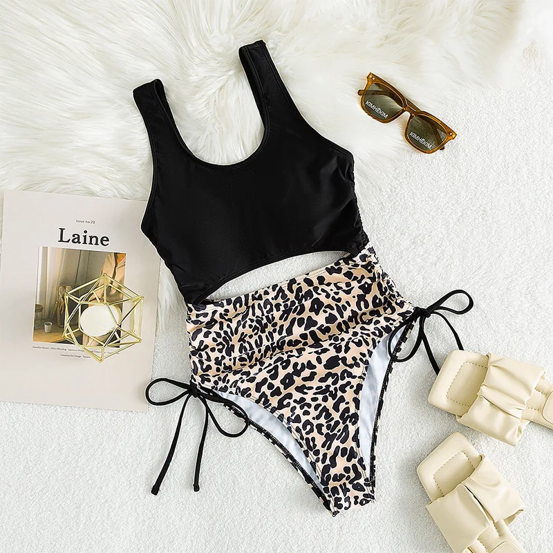 Cikini-Women's Leopard Drawstring Cut-Out Swimsuit, Summer Beach Swimwear, Bathing Suit for Women, 1 Pc