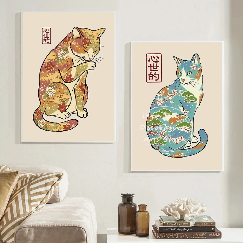 Japanese Tattoo Samurai Cat 80S Retro Series Art Poster Prints Canvas Painting Wall Art Picture Living Cafe Club Room Home Decor