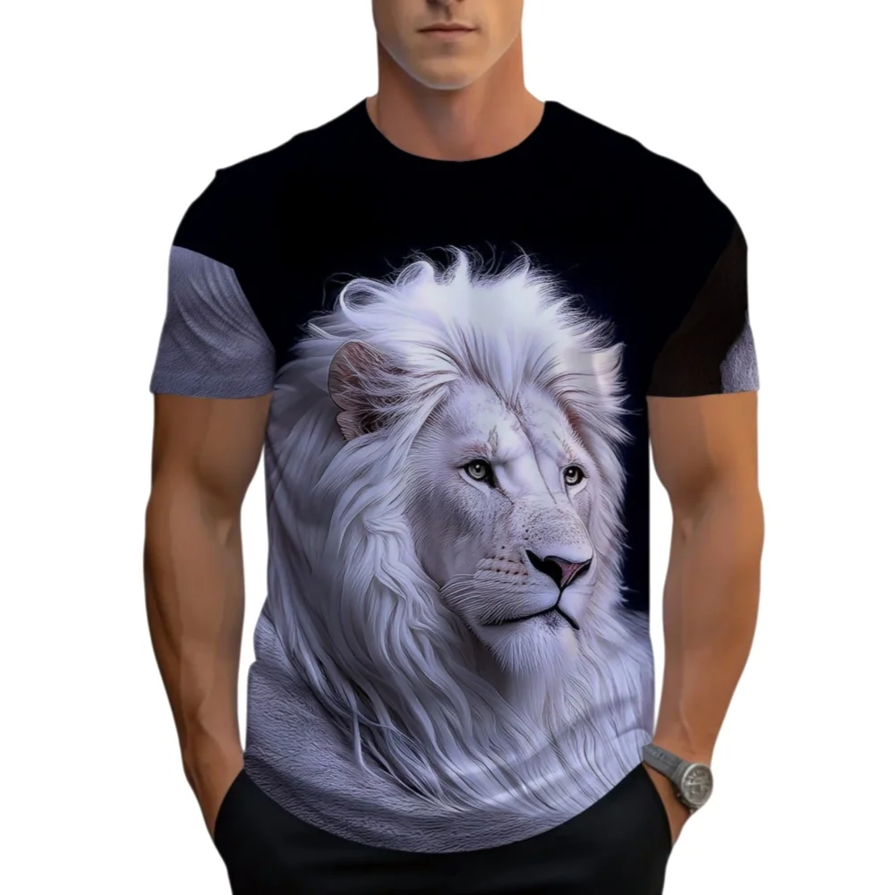 Magnificent White Lion Pattern Printed Men's T-shirt Summer Lightweight Adult Top Creative Fashion Trend Short Sleeve T-shirt