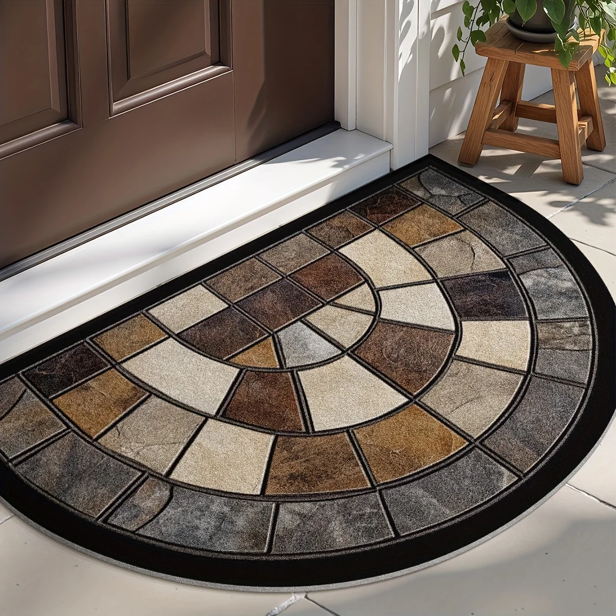 VIKAMA 2D Semi-Circular Stone Floor Mat- Anti-Slip Entry Floor Mat Durable Polyester Fiber Indoor and Outdoor Carpet Welcome Rug