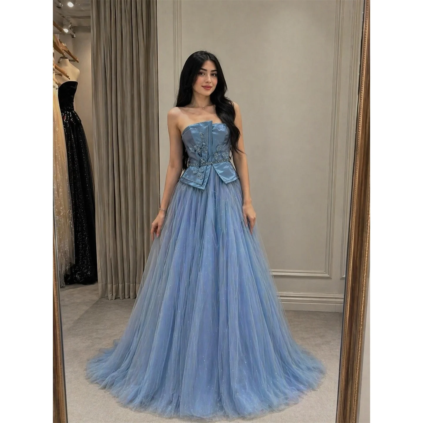 

Aileen Tulle Strapless Sky Blue Ball Gown Evening Dress 2026 Prom Dress Prom Women Elegant Ladies Customized Robes de Soirée