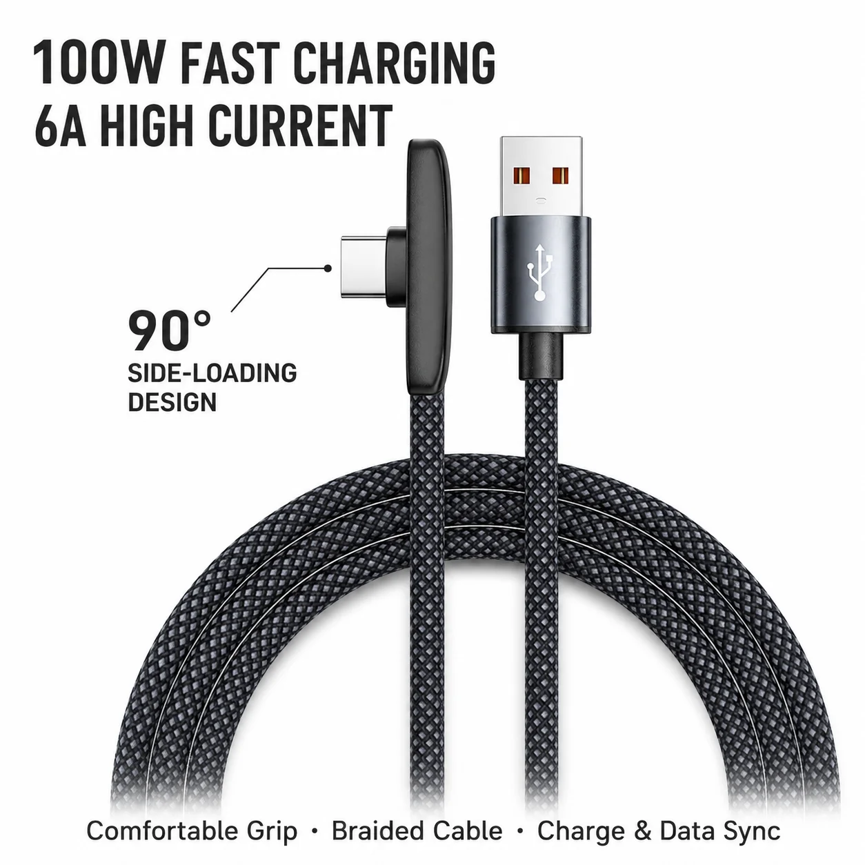 100W 6A Type C Gaming Cable, 90° Right Angle USB A to USB C Nylon Braided Fast Charging Data Cord for Samsung Xiaomi Huawei
