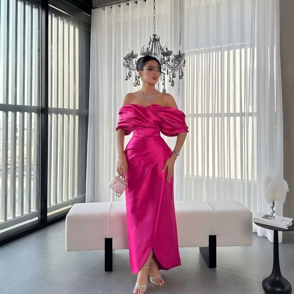 

Hot Pink Off The Shoulder Prom Dresses 2025 Satin Pleated Formal Gowns For Women Ankle Length Evening Dresses Gala Customized