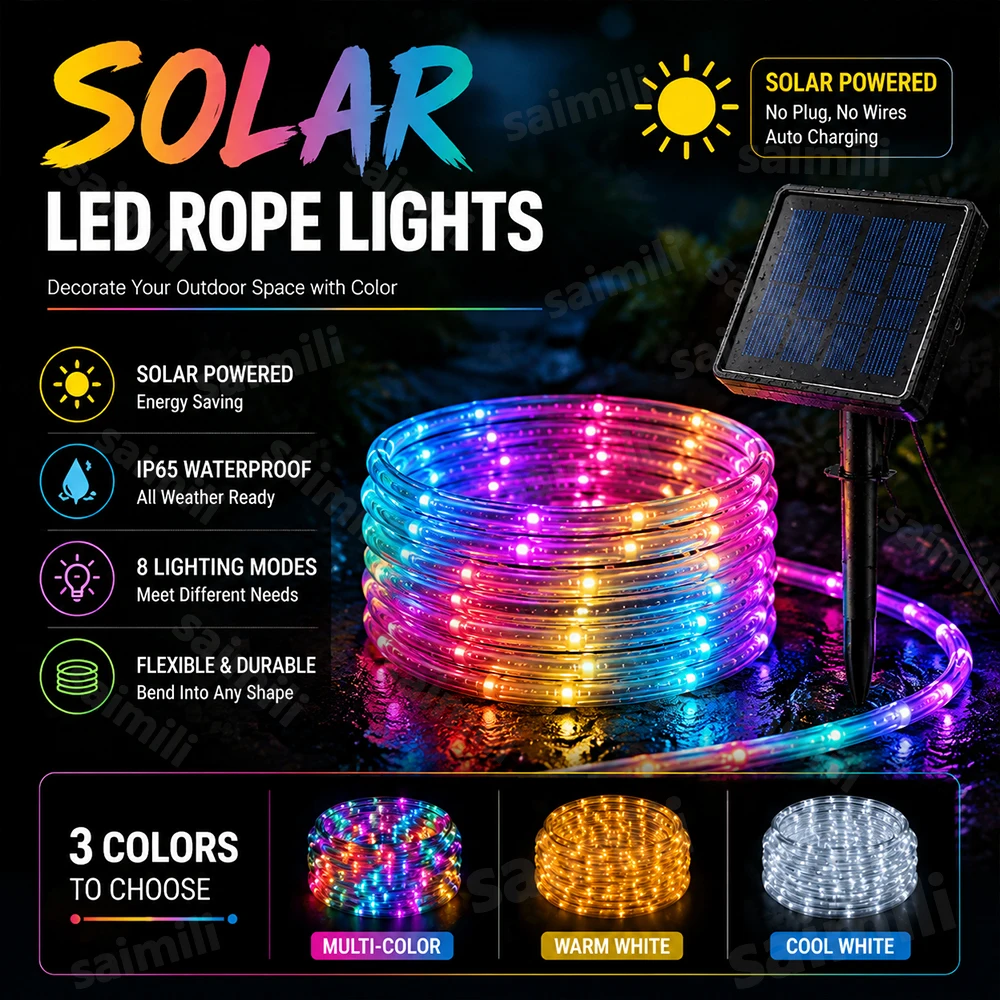 Solar LED Outdoor Tube Rope String Lights Waterproof 8 Lighting Modes for Patio Tree Fence Lawn Holiday Home Party Decoration
