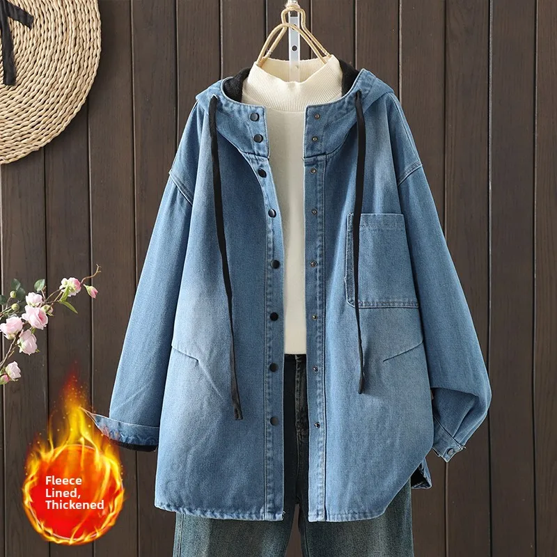 plus Size Slimming Thiened Fce Women's Denim irt Jaet Good Quali Long Sve Single Button Casual Outerwear