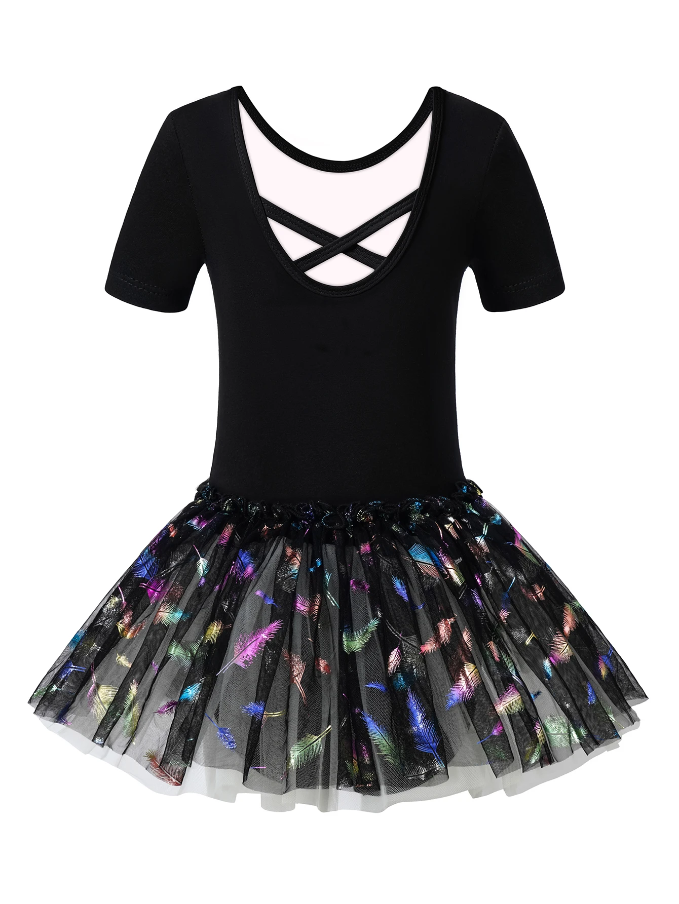 Girls Dance Tutu Leotard for Ballet Short Sleeve Toddler Gorgeous feathers Dance Dress Kids Back Crisscross Dancewear