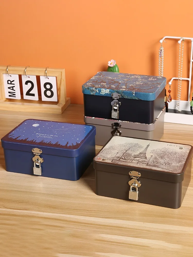 Household Desktop Storage com bloqueio, armazenamento Tin Box, senha de bloqueio, jóias e cosméticos