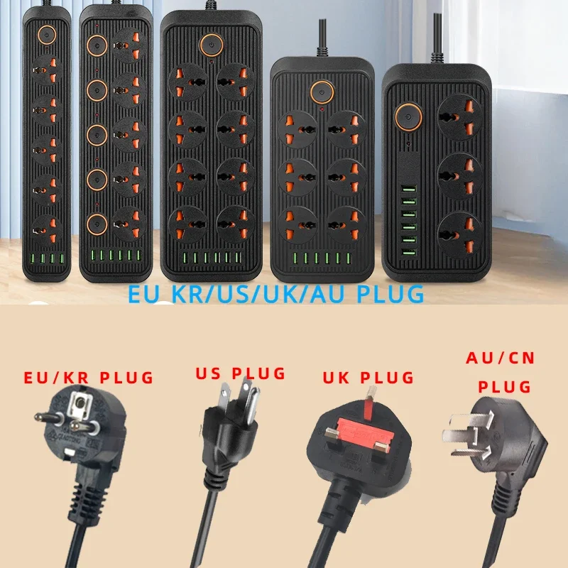 

Universal 3000W Power Strip Socket US EU UK AU KR Plug 4 6 Outlet with USB Separate Switch Lightning Protection Extension Socket