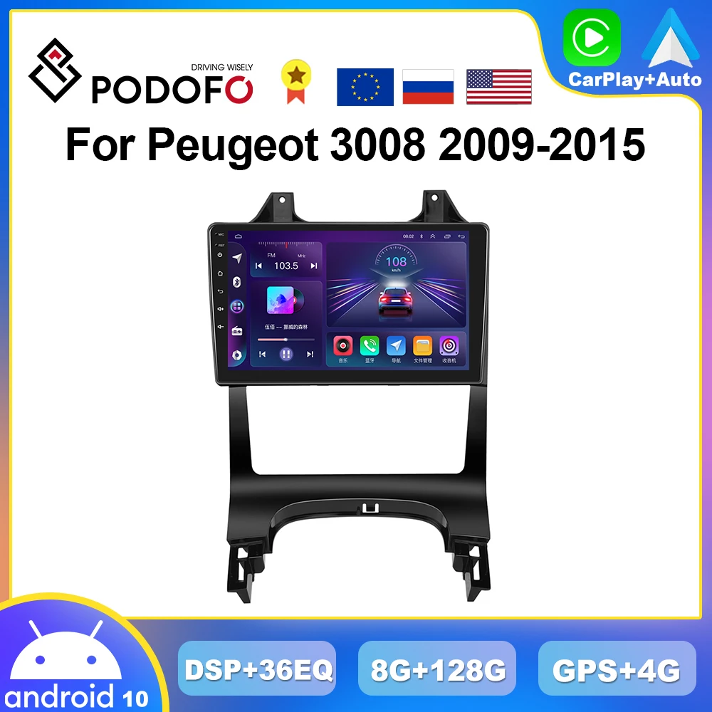 

Podofo 8G+128G CarPlay Android Radio For Peugeot 3008 2009-2015 Car Multimedia Player 2din Head Unit 4G GPS HiFi Stereo Receiver