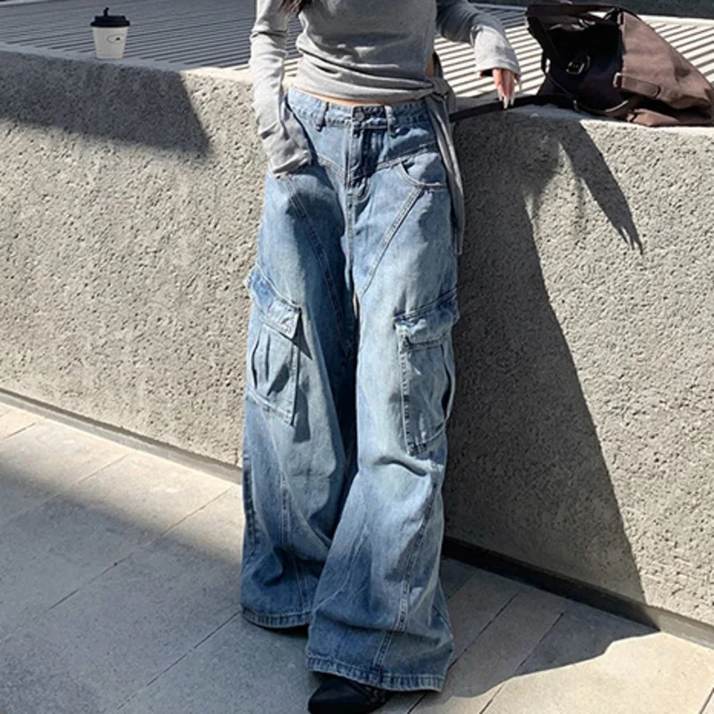 ANJY Autumn Winter New Women Fashion Diagonal Design Multi-Pocket Wide-Leg Jeans Trend Street Versatile Cargo Denim Pants A17732