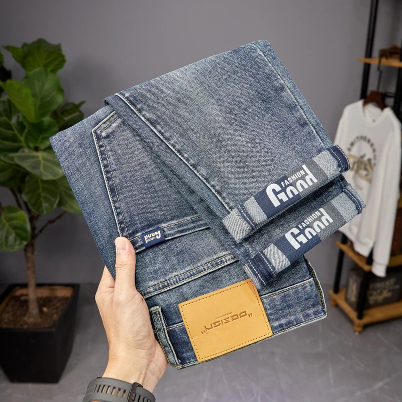 Jeans de rua casual masculino, calça lápis estampada, calça que combina com tudo, retrô high-end Trendy Ins, marca da moda