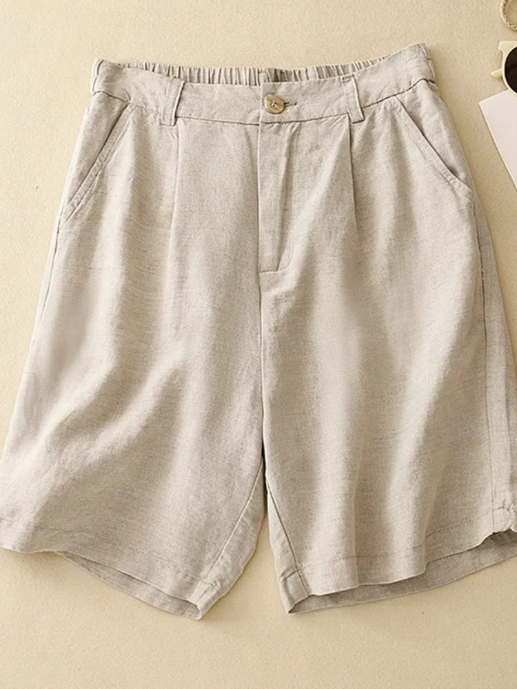 High Waist Loose Fit Wide Leg Pants Women's Summer Linen Shorts Thin A-Line Suit Style Folded Cuff Natural Waist Shorts