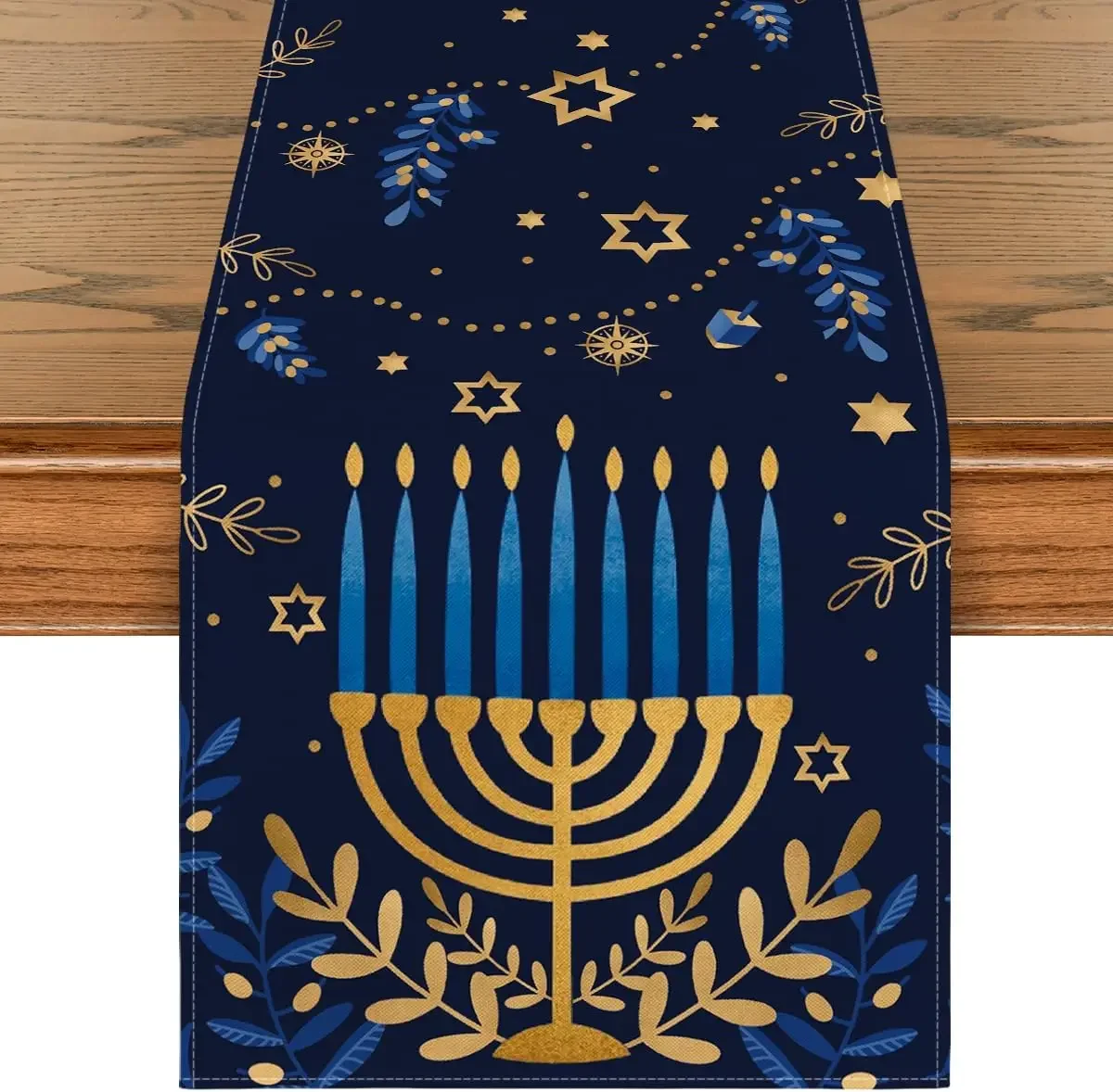 Hanukkah Watercolor Star Olives Linen Table Runners Seasonal Chanukah Menorah Table Runner Jewish Hanukkah Chanukah Party Decor