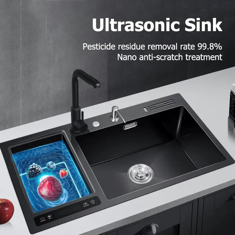 

Kitchen Sink Ultrasonic Smart Double Bowl 304 Stainless Steel Cabinet Brushed Countertop Hot Cold Pullout Faucet Washing Basin